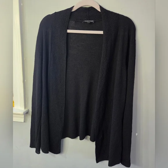 Eileen Fisher 100% Wool Black Open Front Cardigan Minimalist Classic *Flaw Large - Picture 3 of 9
